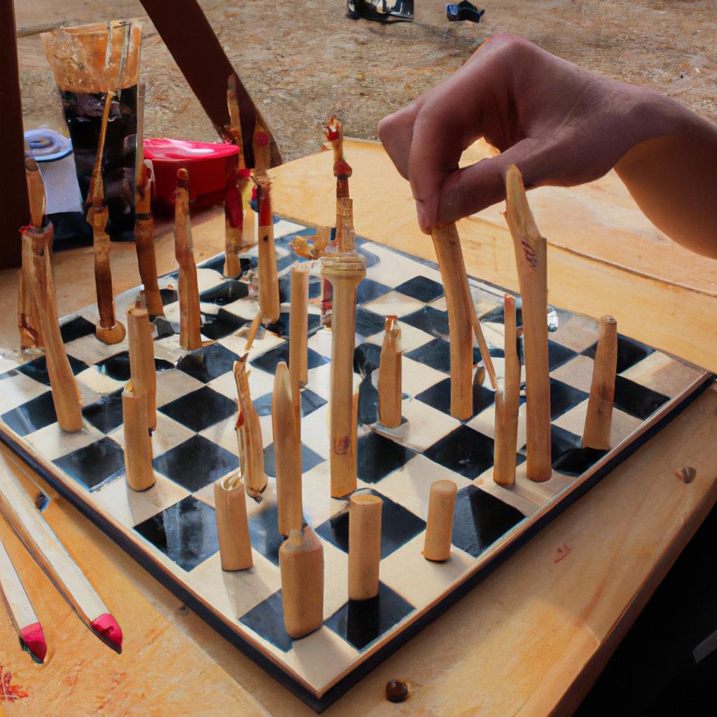 Person playing chess with skewers