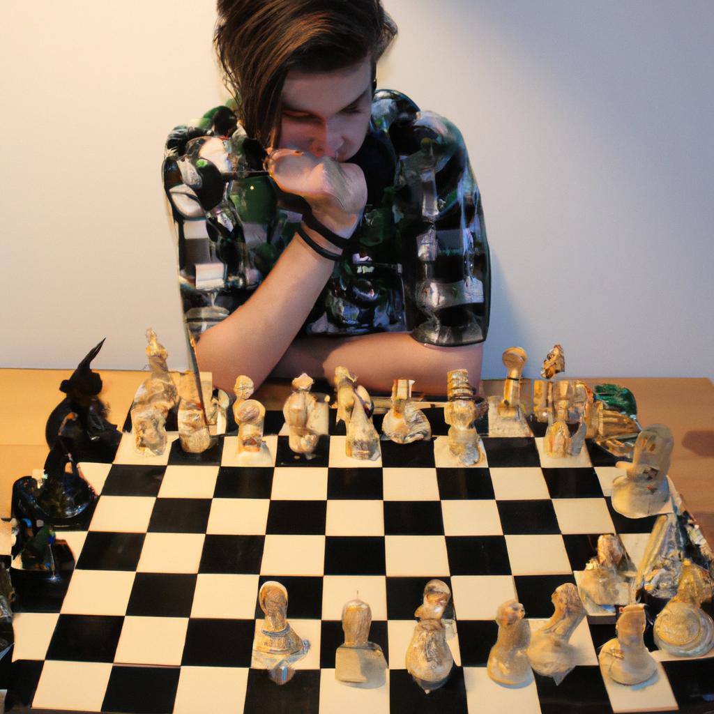 Person contemplating chessboard, thinking